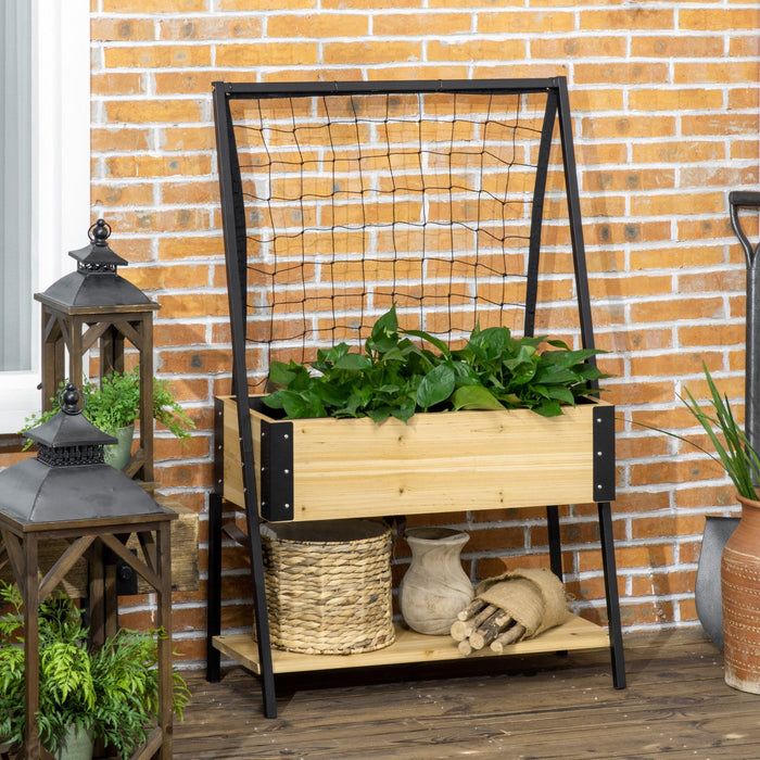 Outsunny Raised Garden Bed With Metal Trellis, Elevated Planter Box With Storage Shelf, Drainage Hol