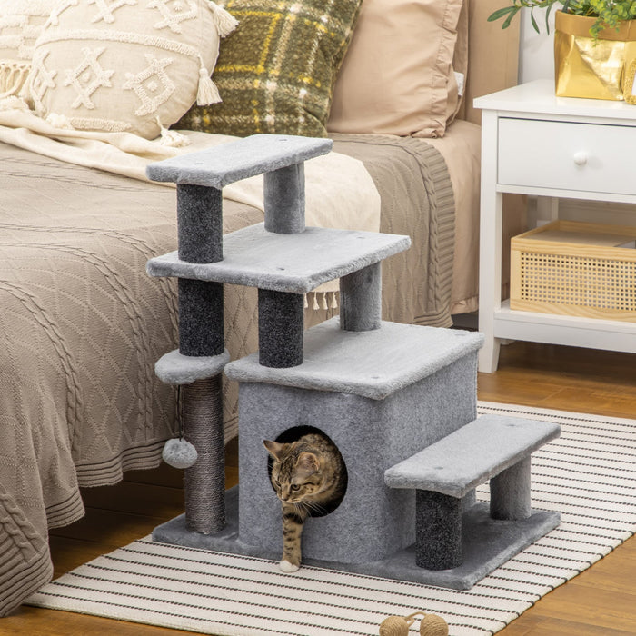 Pawhut Adjustable Height Cat Stairs With Sisal Scratching Posts, Cat House For Cozy Rest, Pet Steps 