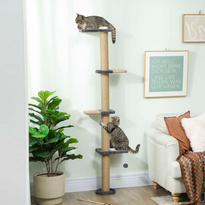 Pawhut Cat Wall Shelves, Cat Wall Furniture With 4 Perch Platforms, Jute Scratching Post And Toy Ball For Indoor Sleeping, Playing, Climbing, Dark Grey