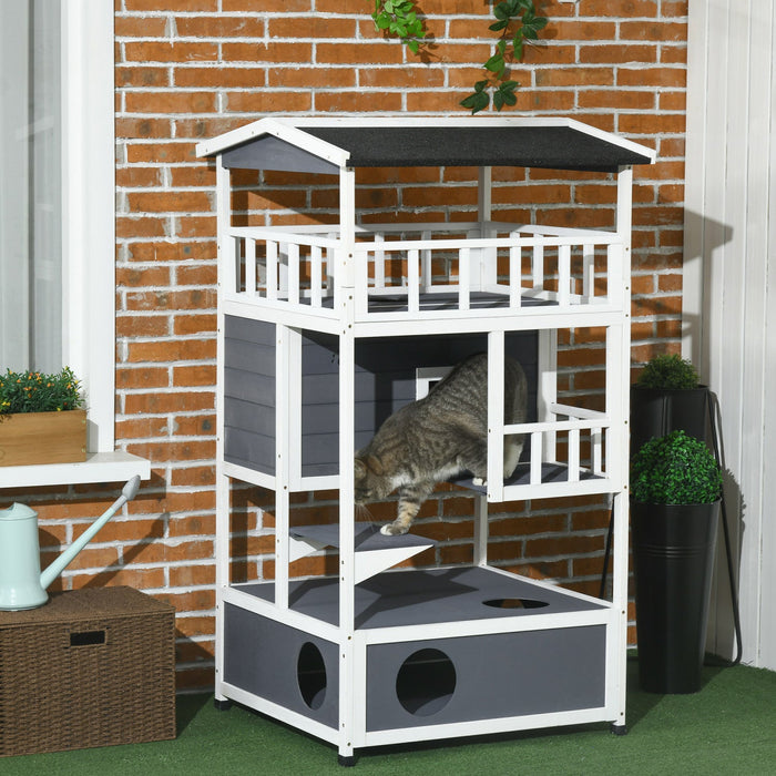 Pawhut Wooden Outdoor Cat House, Feral Cat Shelter Kitten Tree With Asphalt Roof, Escape Doors, Cond