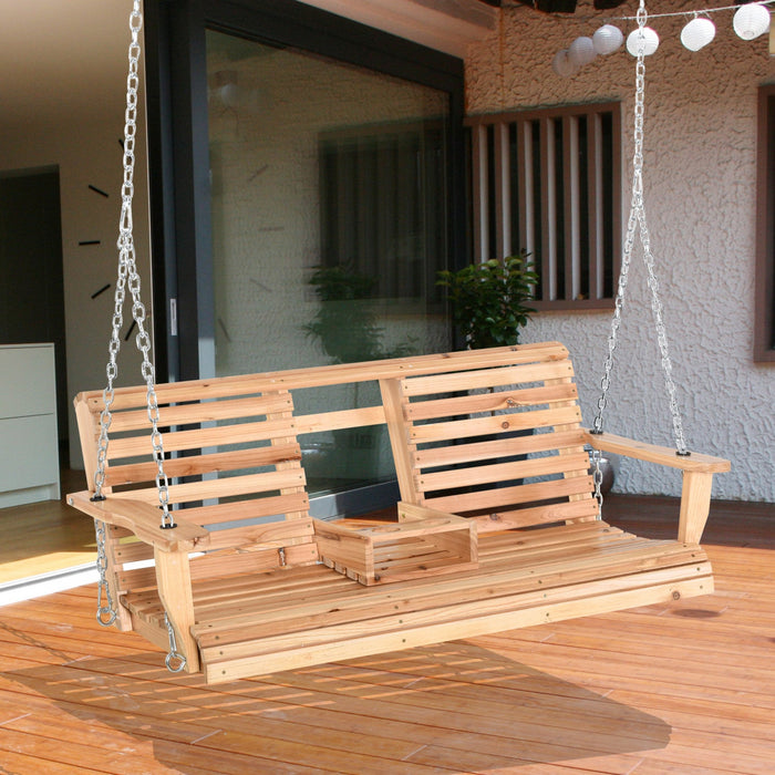 Outsunny 3 Seater Porch Swing Wood Patio Swing Chair With Foldable Table