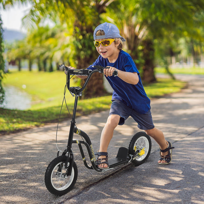 Aosom Youth Kick Scooter With 12'' Inflatable Rubber Wheel, Teens Scooter For Kids 5+ Year Old With Adjustable Height Handlebar, Black