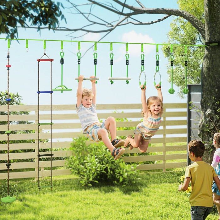 Qaba Obstacle Course for Kids, 32.8ft 10 Piece Zip Line Stackline for Kids, with 2 Monkey Bars, 2 Gym Rings, Rope Ladder, Nest Swing, Tree Protector, Bags, Hanging Tray, Rope Knots