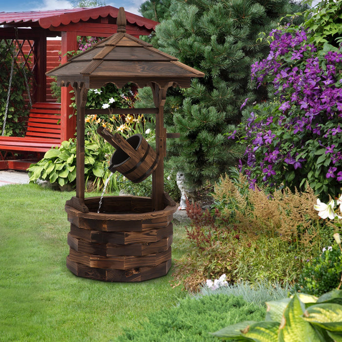 Outdoor Wooden Wishing Well Fountain With Hanging Barrel, 47.25\" Tall Rustic Waterfall Fountain With
