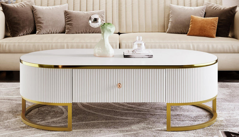 Edison 47.2\" Oval Engineered Wood Coffee Table With Storage Drawers - White 