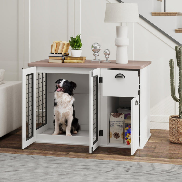 Pawhut Dog Crate Furniture, 44\" Dog Kennel Furniture With Double Doors, Storage, Drawer, Dog Cage Fo