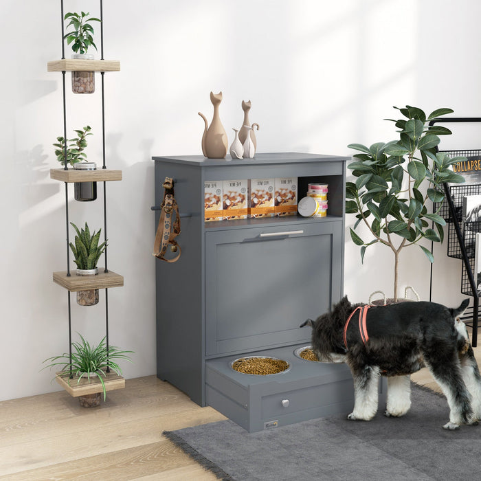 Pawhut Pet Feeder Station Storage Cabinet, Dog Food Storage Container With Dog Raised Bowls And Hang