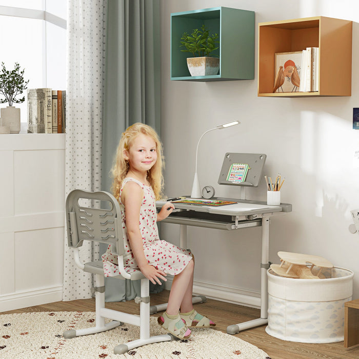 Qaba Kids Desk And Chair Set Height Adjustable Student Writing Desk Children School Study Table With Tilt Desktop, Led Lamp, Pen Box, Drawer, Reading Board, Cupholder, Grey