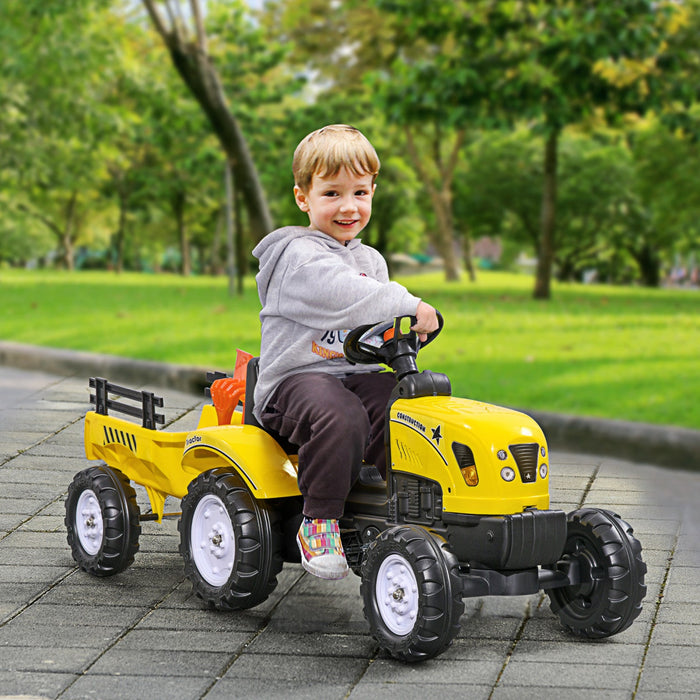 Aosom Ride On Excavator For Kids, Pedal Ride On Tractor With Back Storage Trailer, Shovel, Rake, Hor
