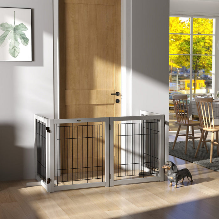 Pawhut Wooden Dog Gate Foldable Pet Fence For Small & Medium Dogs 4 Panel With Support Feet Freestan