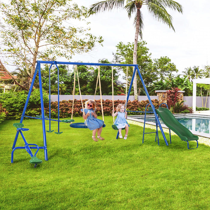Outsunny 5 in 1 Metal Swing Set with Saucer Swing, Slide, Seesaw, Glider, Swing Seat, Ladder, Kids Swing Set for Backyard, Outdoor, Playground, Multicoloured