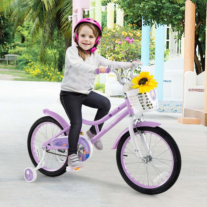Costway 18" Girl Bike With Basket Detachable Training Wheels Adjustable Seat Handbrake Coaster Brake Purple