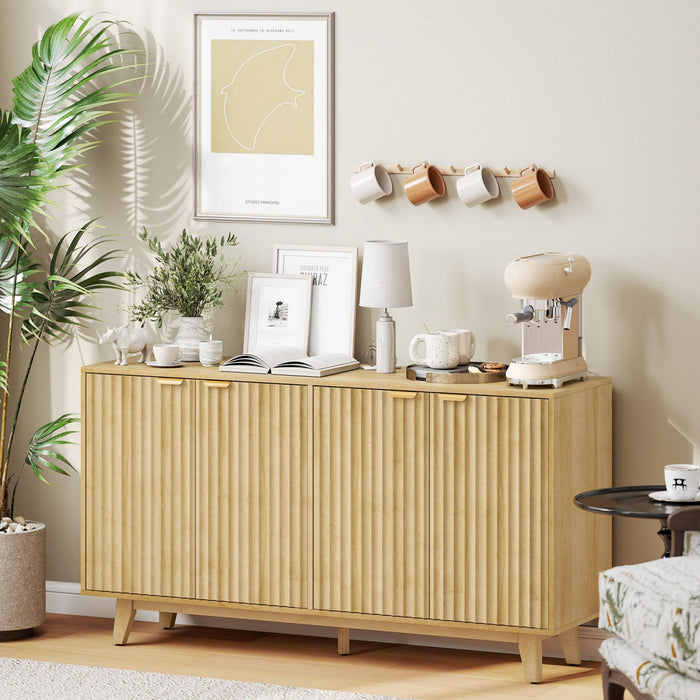 55" Modern Sideboard Buffet Cabinet with Fluted Doors Wood Legs Nature Wood
