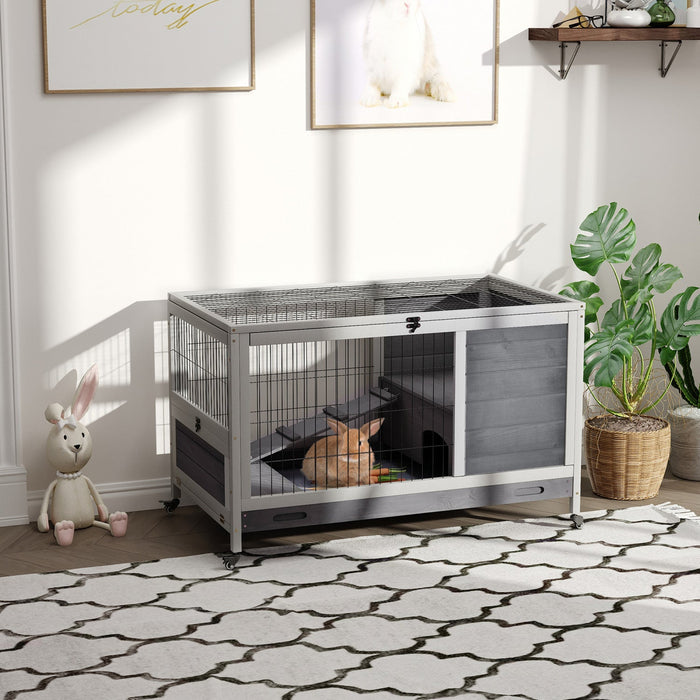 Pawhut Wooden Indoor Rabbit Hutch Elevated Bunny Cage Habitat With Enclosed Run With Wheels, Ideal F