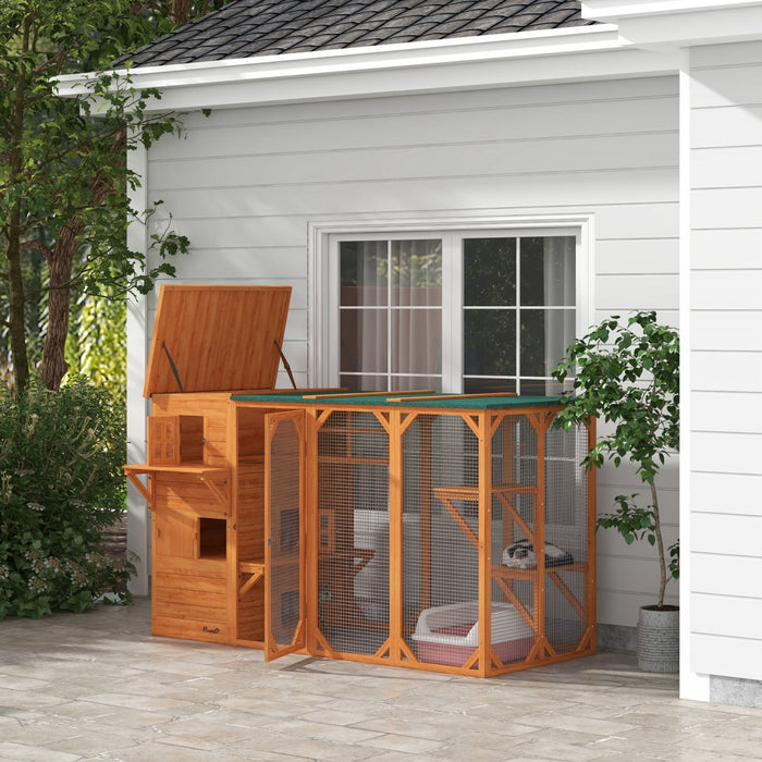 Pawhut Wooden Cat Catio, 76"l Walk In Outdoor Cat House With Asphalt Roof, Platforms, Lockable Doors, 3-tier Resting Condo, Observation Window, For 2-3 Cats, Orange