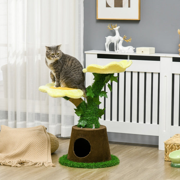 Pawhut 18\" Plush Cat Tree With Two Flower Platforms, Multi-activity Centre Cat Tower With Jute Scrat
