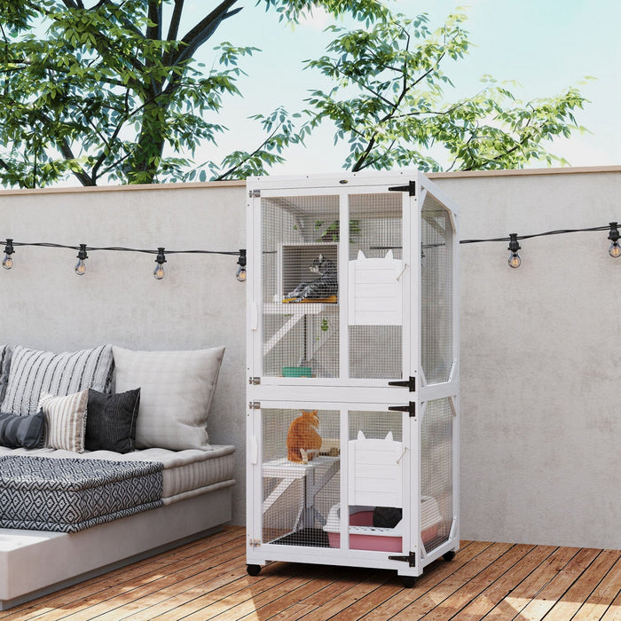 Pawhut 71" H Large Catio Outdoor Cat Enclosure, Wooden Kitten House For Patio, Elevated Design With Wheels, Resting Box, Water-resistant, Multi Platforms, For 1-3 Cats, White