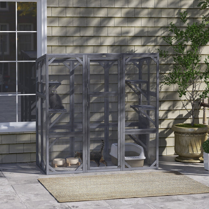 Pawhut Catio, Outdoor Cat Enclosure With 6 Jumping Platforms, Weatherproof Roof, Large Front Door, Wooden Cat House Cage For 1-3 Kittens, 59" X 28" X 60", Grey