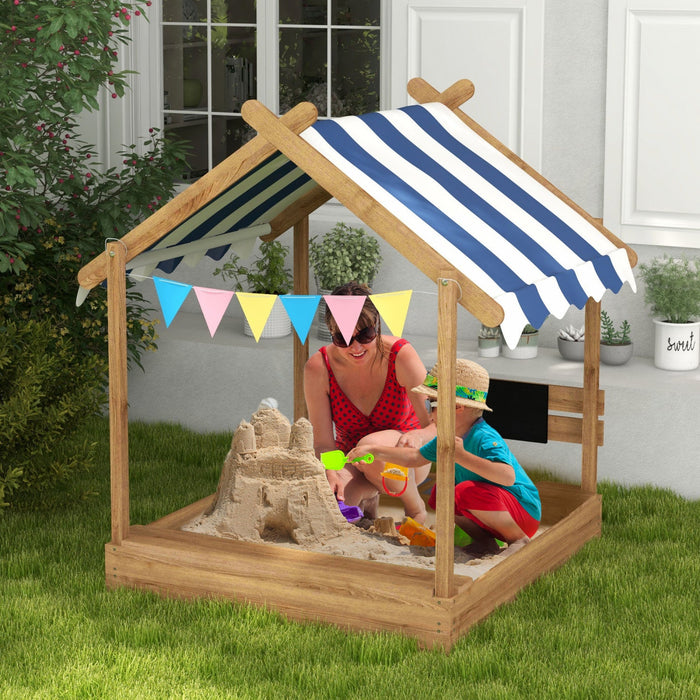 Outdoor Kids Sandbox With Cover, Liner, Blackboard, Toys, Seat, Flags, House Design, Kids Playset Fo