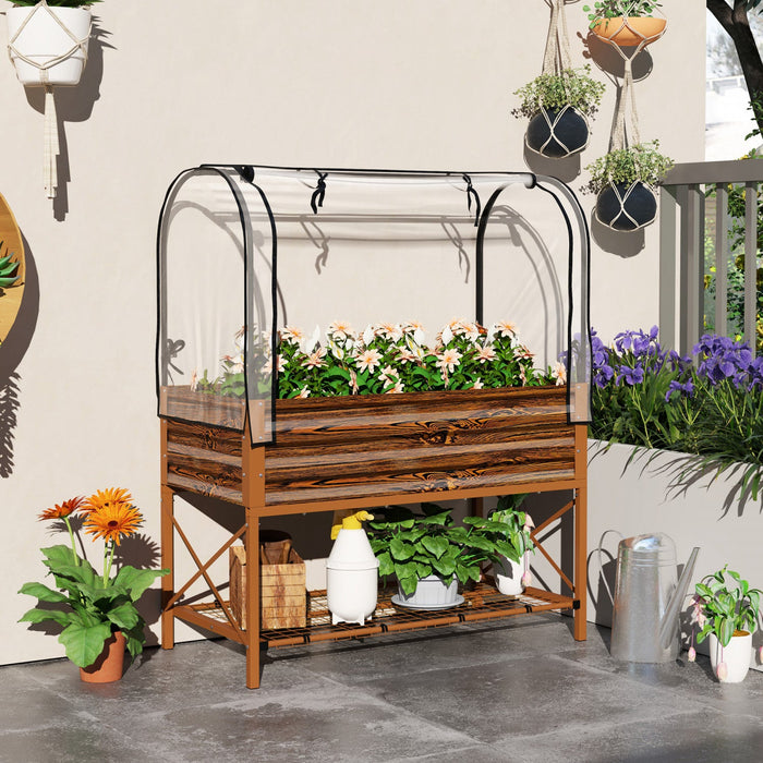 Outsunny Metal Raised Garden Bed with Cover, Dark Brown Wood Effect