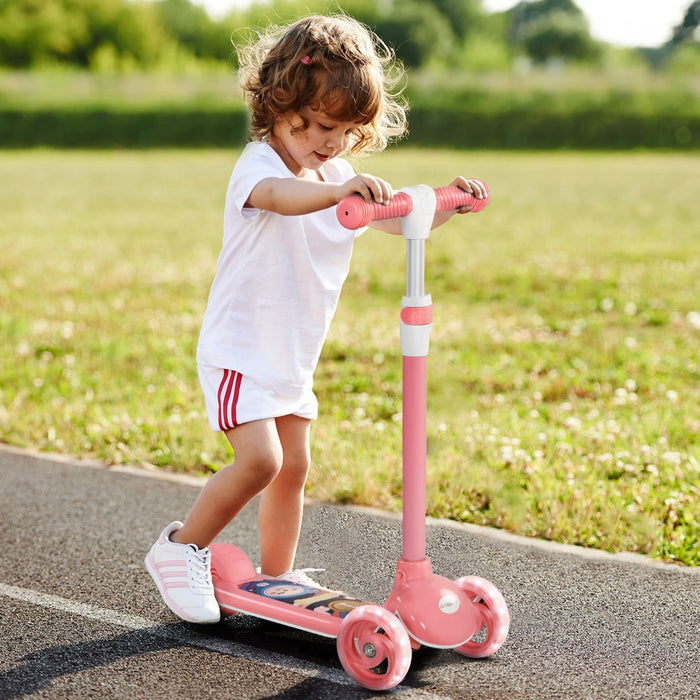 Qaba Kids Scooter, 3 Wheel Toddler Scooter With 3-level Adjustable Height, Rear-fender Brake, Led Light, Tpe Handlebar, For Boys And Girls Ages 2-6, Pink