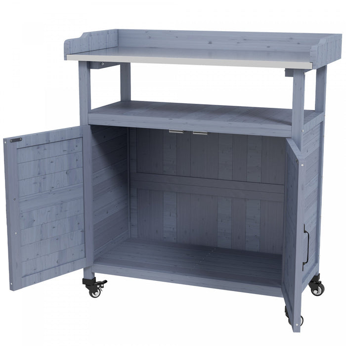 Outsunny Outdoor Potting Bench With Storage, Wheels, Grey