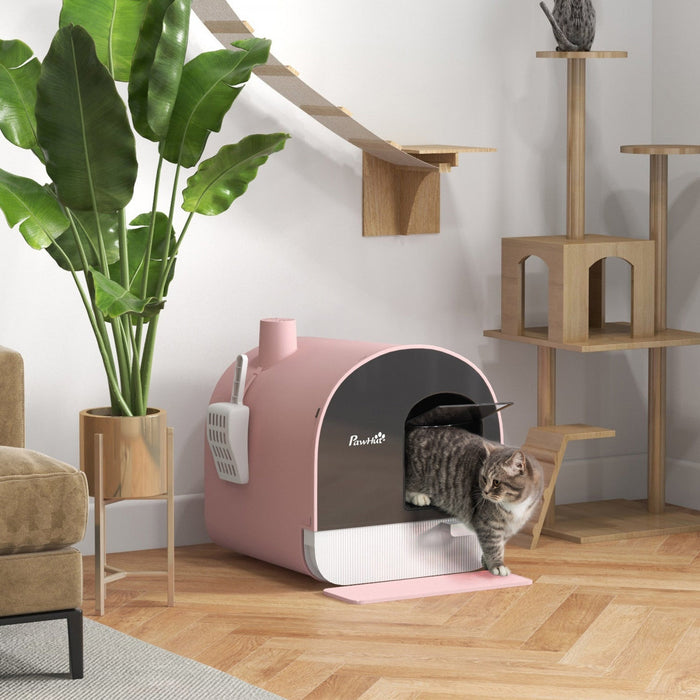 Pawhut Large Cat Litter Box With Lid, Enclosed Kitty Litter Box With Slide-out Tray, Scoop, Filter, Pink