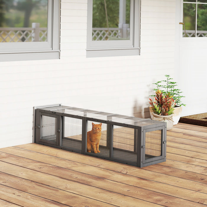 PawHut Outdoor Cat Tunnel, 60" Wooden Play Cat Enclosure, Extendable Pet Run with 3 Doors, for Indoor and Outdoor Use, for Kitty, Puppy, Grey
