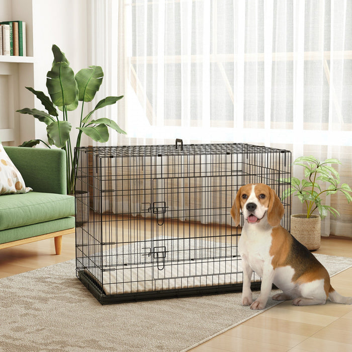 Pawhut Dog Crate, 41" Folding Metal Dog Kennel With 2 Doors, Removable Tray, Soft Cushion, Handle, Pet Cage For Extra Large Dogs, Black