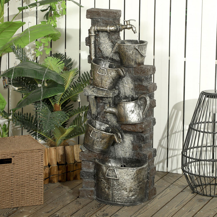 Outsunny Faucet & Barrel Outdoor Fountain, LED Lights, Resin Water Fountain