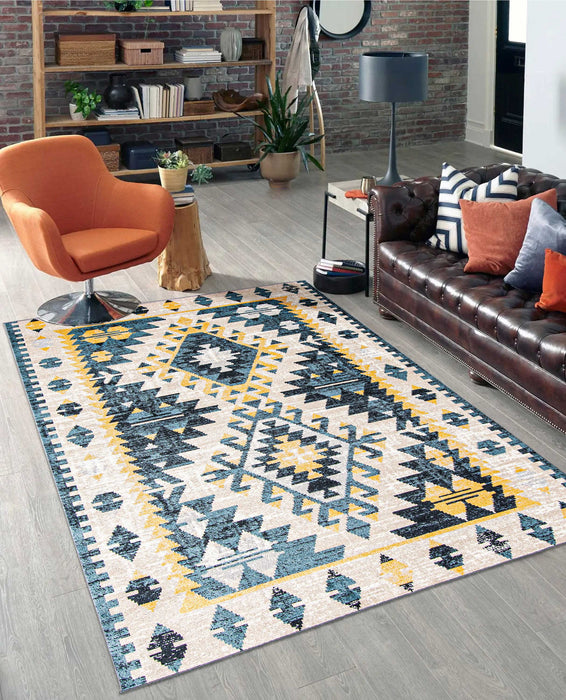 Mosaic Taupe/Blue Machine Washable Area Rug - 6'0\" x 9'0\"