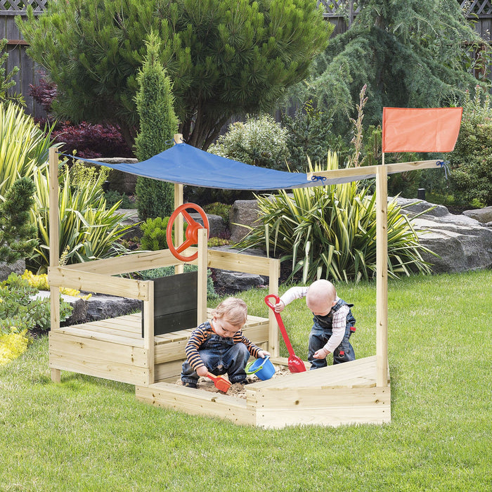 Kids Wooden Sandbox With Cover, Foldable Play Station, Covered Children Sand Boat Outdoor, W/flag, B