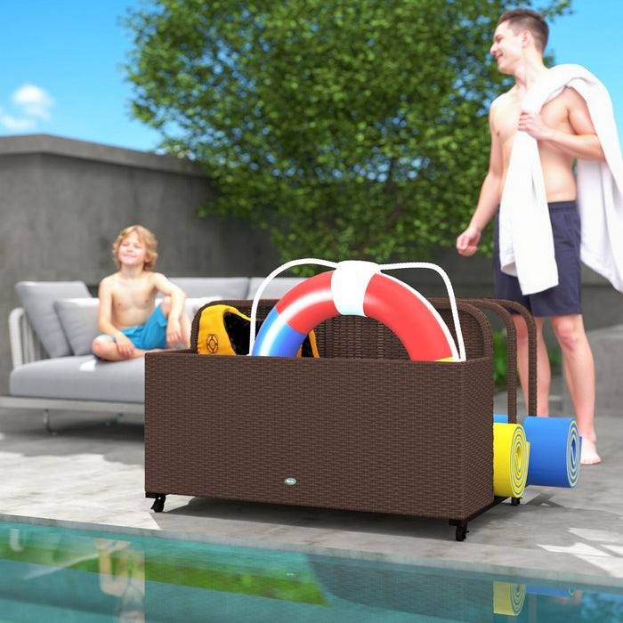 Rolling Pool Storage Rattan Outdoor Storage Wicker Organizer, Brown