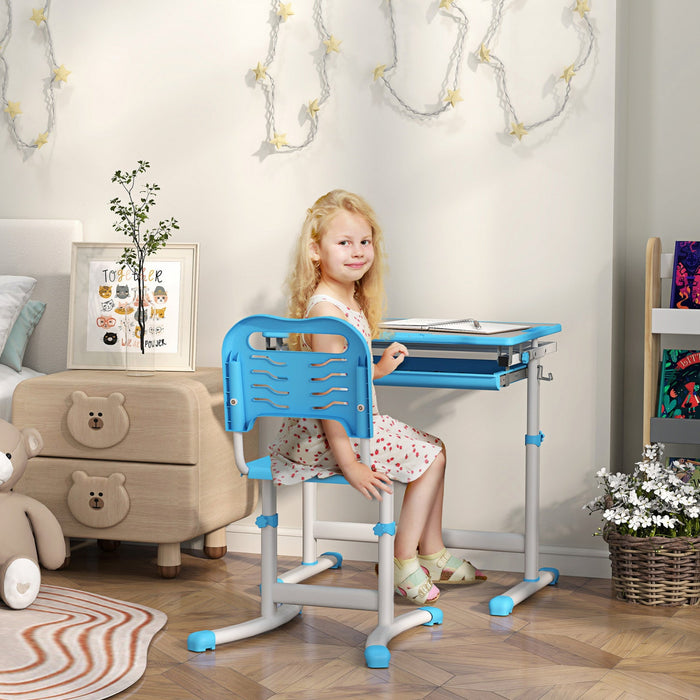 Qaba Kids Desk And Chair Set, Height Adjustable Study Table And Chair Set With Drawer, Pen Slot, Tiltable Desktop, Hook, Blue