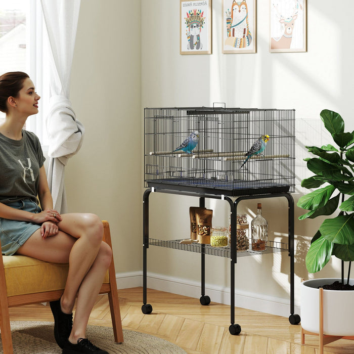 PawHut 46" H Bird Cage, Parakeet Cages for Budgie, Lovebird, Canary, Finches with Divider, Wheeled Stand, Shelf, 4 Wooden Perches, Slide Out Tray, 4 Feeders, Black