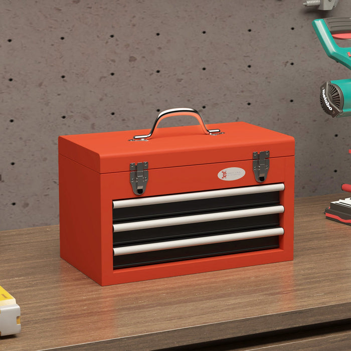 Durhand 3 Drawer Tool Box With Metal Latch Portable Tool Chest Red