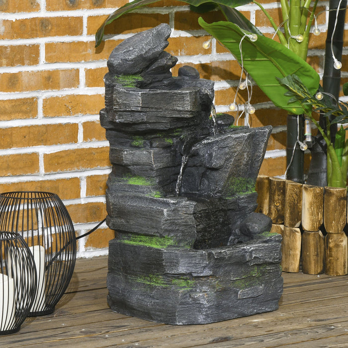 Outsunny 4-tier Rock Outdoor Fountain, LED Lights, Resin Waterfall Fountain