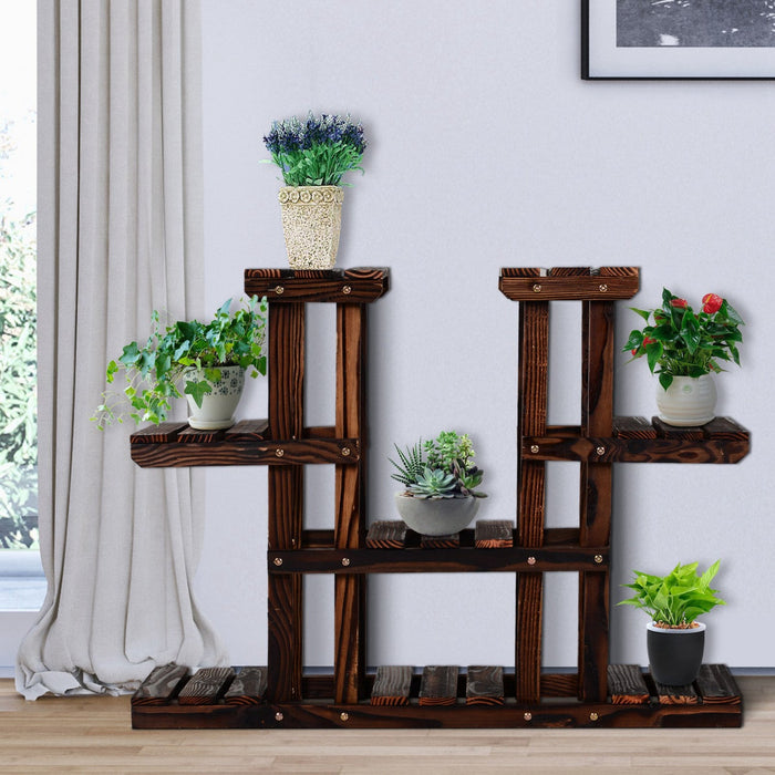 Outsunny 4-tier Plant Stand, Wooden Carbonized Plant Shelf, Flower Pot Holder Display Rack For Indoo