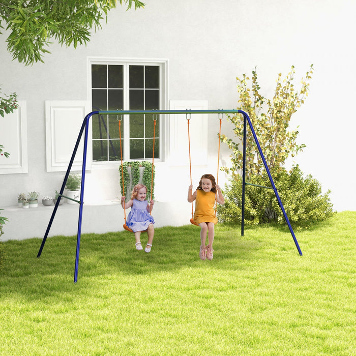 Outsunny Kids Swing Set For Backyard Outdoor Metal Swing Frame With Double Swing Seats, Ground Stake