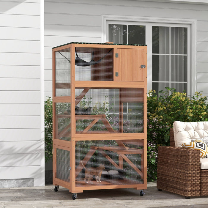 Pawhut 66"h Catio On Brake Wheel, Indoor Outdoor Cat Enclosure Cage With Weatherproof Roof Hammock Multiple Platforms Resting Condo Ramps Lockable Doors, For 1-3 Cats, Orange