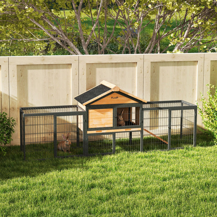 PawHut Rabbit Hutch Outdoor, 85"L Large Wooden Bunny Cage with Run Box, Removable Plastic Tray, Asphalt Roof, Ramp, Guinea Pig Cage for 2-3 Small Animals Backyard Garden, Yellow