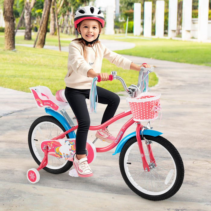 Costway 18" Kids Bike For 4-8 Years Old With Basket Doll Seat & Colorful Streamers Kickstand Pink