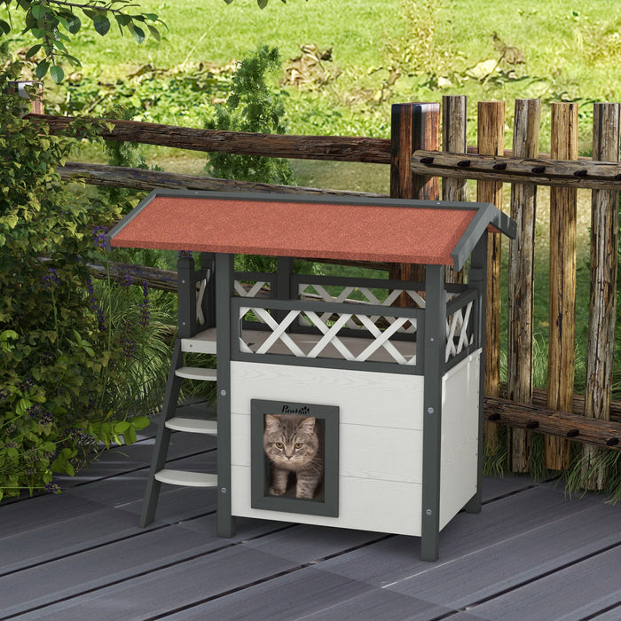 Pawhut Outdoor Cat House, 2-story Shelter For Feral Cats, Wooden Kitten Condo With Asphalt Roof, Sta