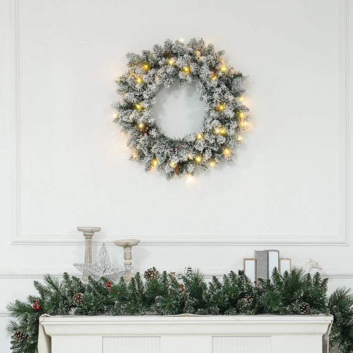 Homcom 24\" Pre-lit Christmas Wreath With Pine Cones And Red Berries Green