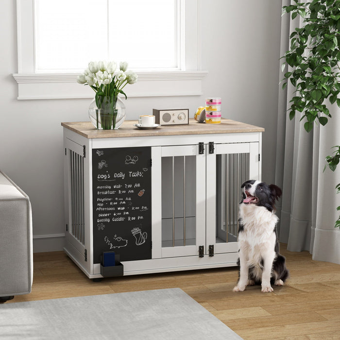 Pawhut 39in Dog Crate Furniture, Dog Cage End Table With Three Doors, Blackboard, Non-slip Foot Pads