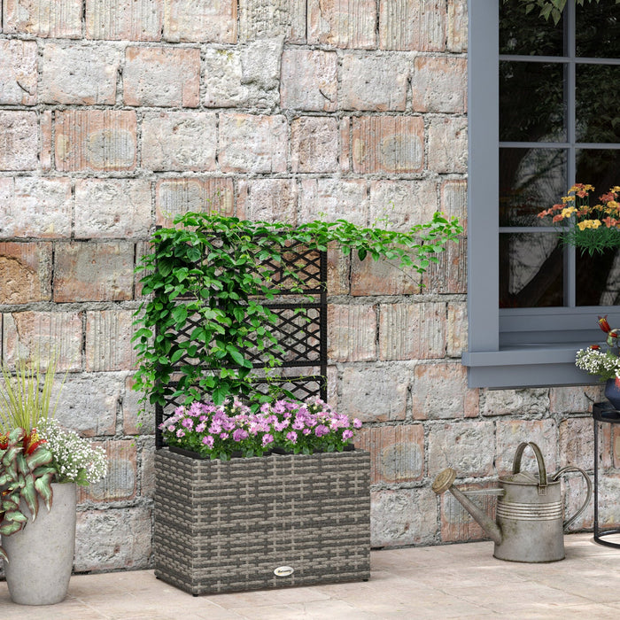 Outsunny 22l Raised Garden Box With Trellis, Pe Rattan Free Standing Flower Raised Garden Bed With T