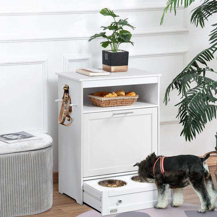 Pawhut Pet Feeder Station Storage Cabinet, Dog Food Storage Container With Dog Raised Bowls And Hang