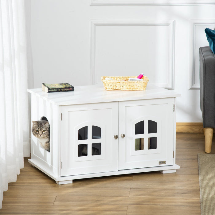 Pawhut Cat Litter Box Enclosure Hidden Cat Furniture Cabinet Indoor Cat Washroom Double-door Nightst