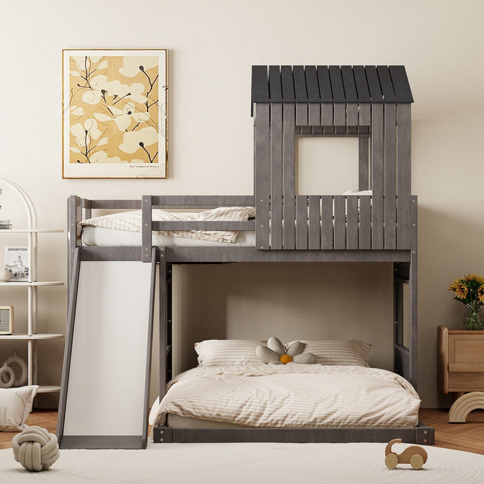 Marico Twin Over Solid Wood Full Bunk Bed With Slide, Playhouse Design - Antique Grey 