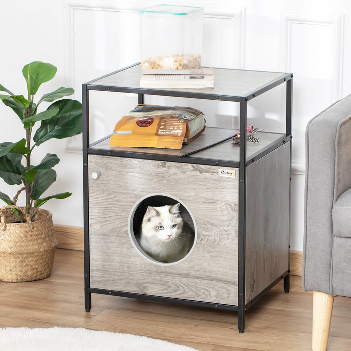 Pawhut Wooden Cat House Kitty Shelter Bed With Washable Cushion And Open Shelf, Grey, 19\" X 15.75\" X